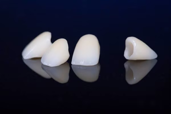 Porcelain dental crowns showing their natural translucency