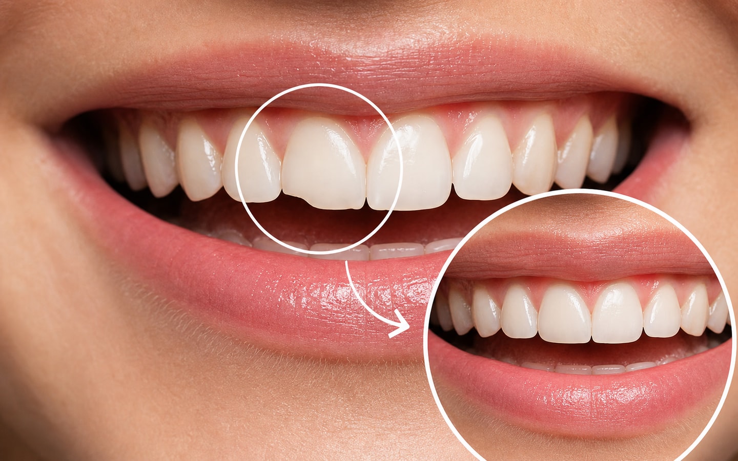 Illustration of a chipped front tooth and a veneer improvement