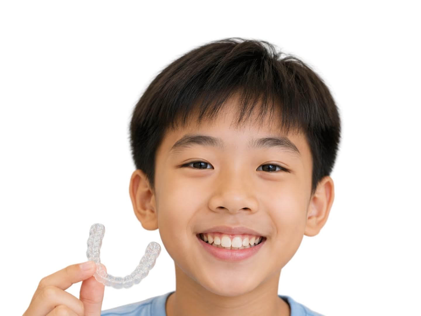 Smiling child holding a clear aligner