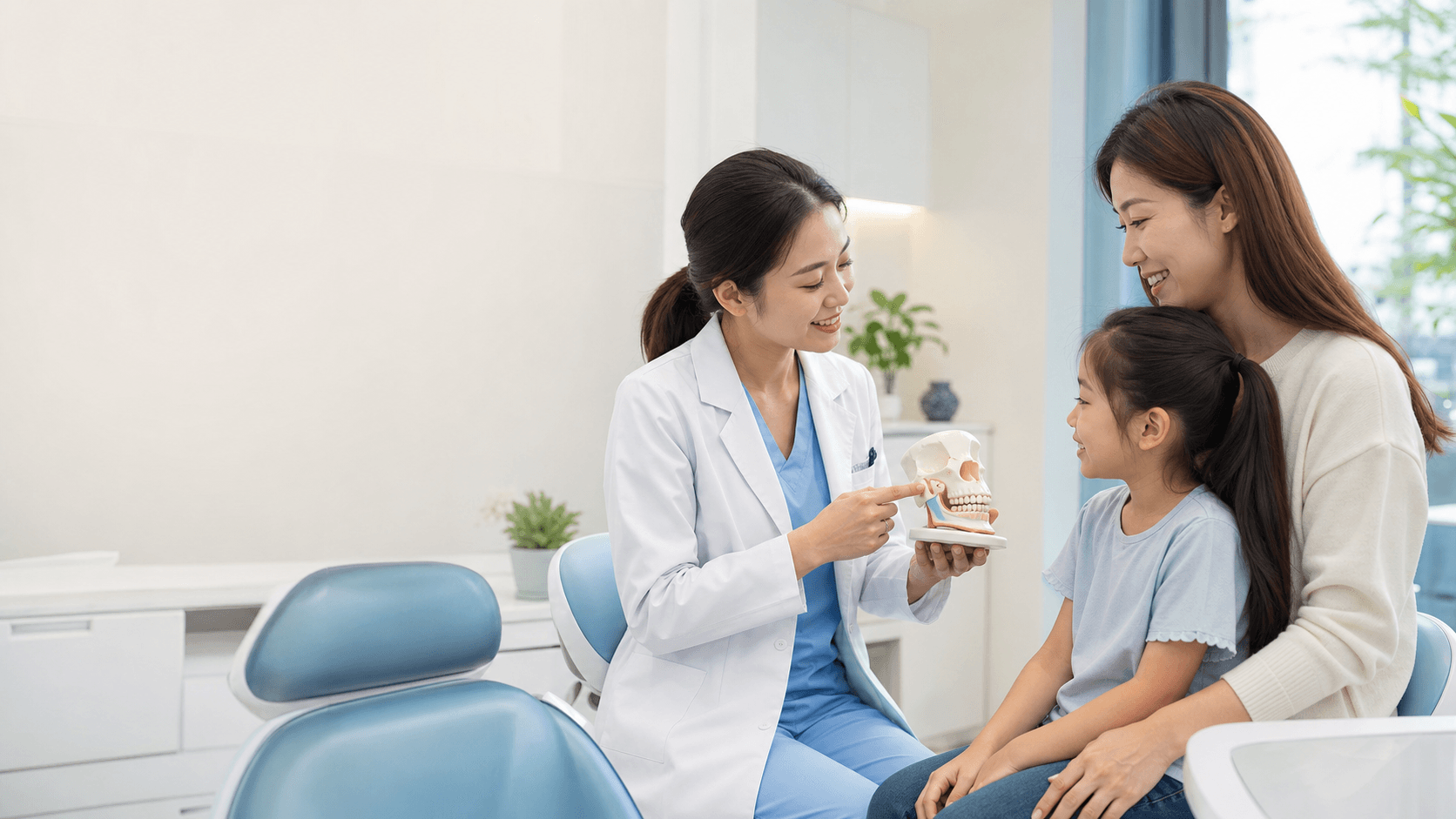 Dentist explaining early jaw guidance to a parent and child using a jaw model