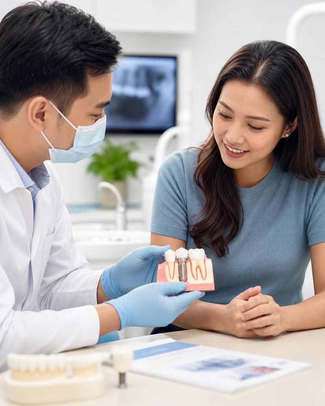 Dentist explaining dental implant planning with a patient at Aloha Dental