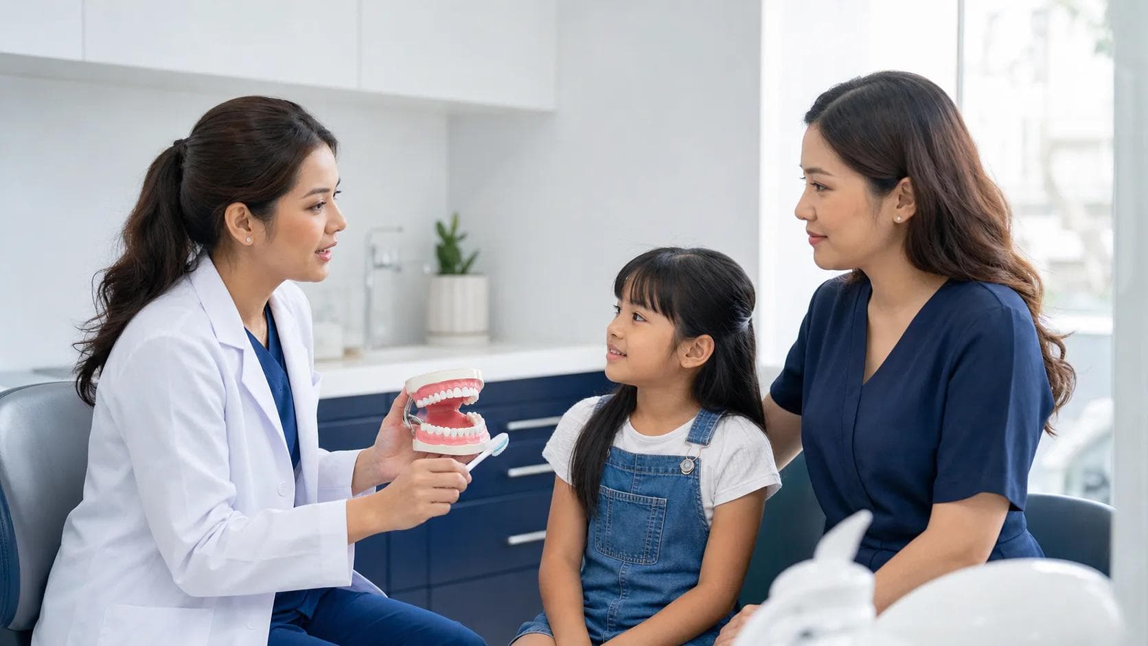 Dentist discussing children’s oral health with a parent and child